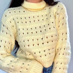 Zara soft pastel butter lemon yellow open-knit turtleneck sweater
